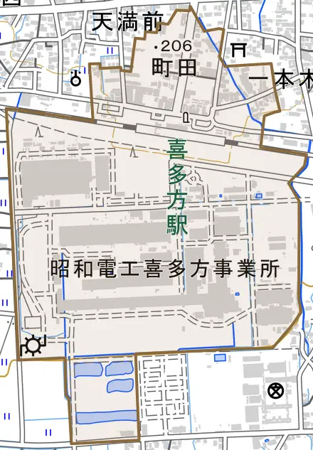 字一本木下とその周辺の地図。町の範囲を重ねている
