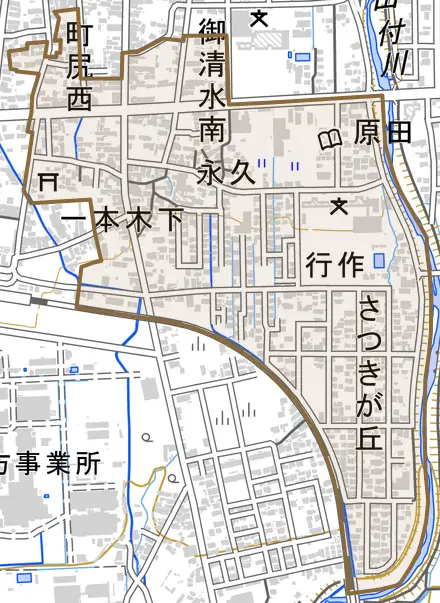 字一本木上とその周辺の地図。町の範囲を重ねている