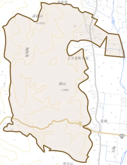 上三宮町三谷とその周辺の地図。町の範囲を重ねている