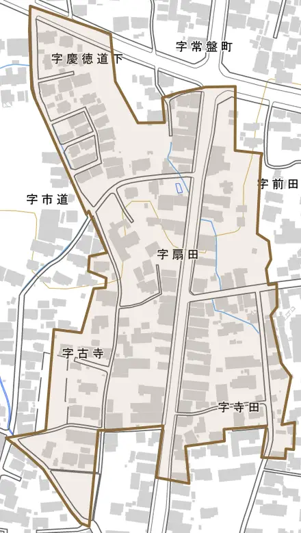 字前田とその周辺の地図。町の範囲を重ねている