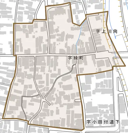 字緑町とその周辺の地図。町の範囲を重ねている