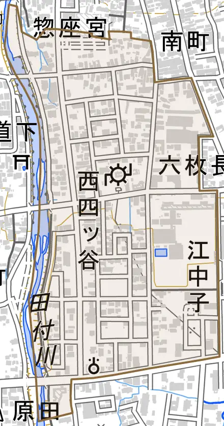 字中川原とその周辺の地図。町の範囲を重ねている