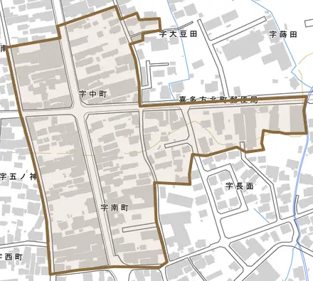 字大豆田とその周辺の地図。町の範囲を重ねている