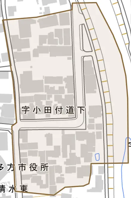 字小田付道下とその周辺の地図。町の範囲を重ねている