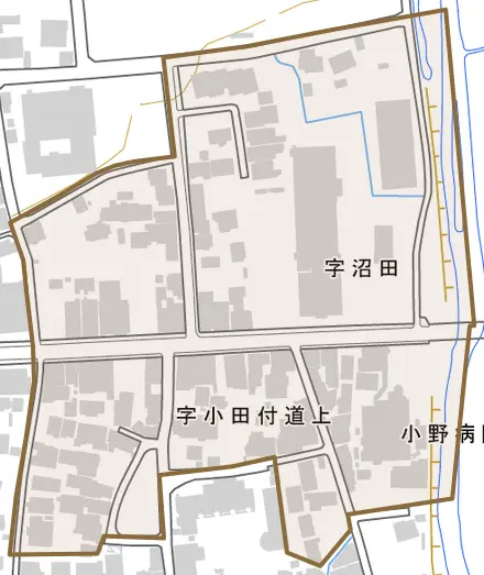 字小田付道上とその周辺の地図。町の範囲を重ねている