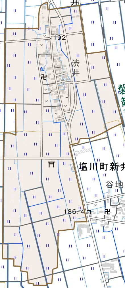 字六百苅とその周辺の地図。町の範囲を重ねている