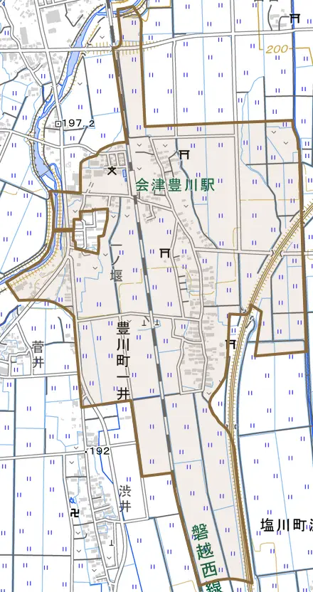 字千苅とその周辺の地図。町の範囲を重ねている