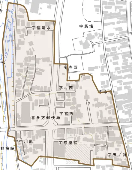 字惣座宮とその周辺の地図。町の範囲を重ねている