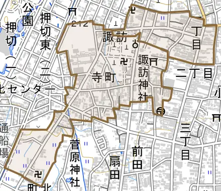 字諏訪とその周辺の地図。町の範囲を重ねている