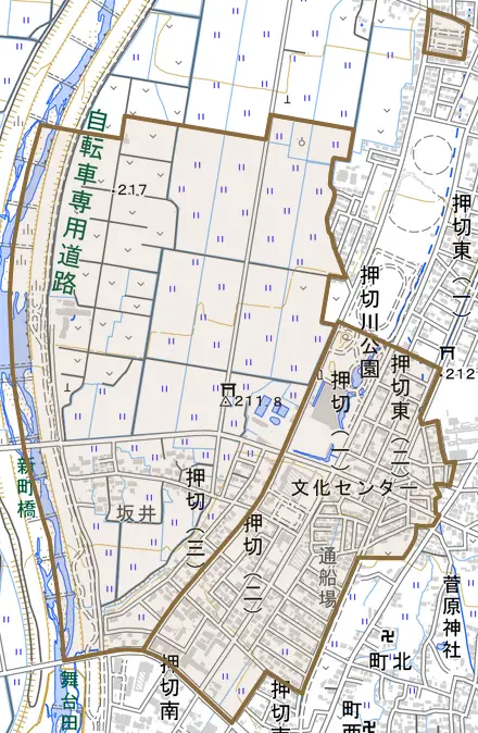 字押切とその周辺の地図。町の範囲を重ねている