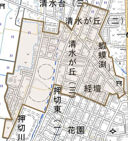 字清水が丘とその周辺の地図。町の範囲を重ねている