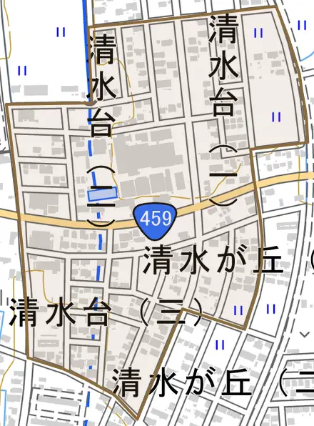 字清水台とその周辺の地図。町の範囲を重ねている