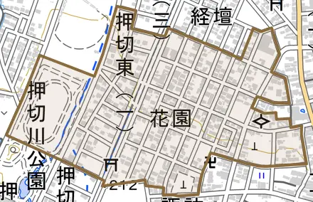字押切東とその周辺の地図。町の範囲を重ねている