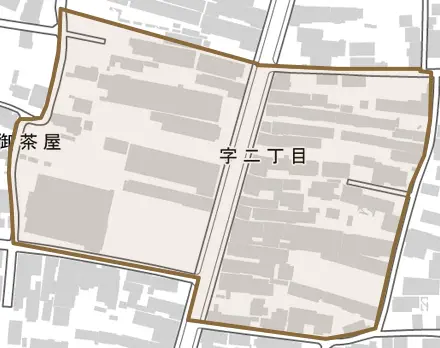 字二丁目とその周辺の地図。町の範囲を重ねている
