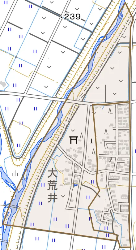 字大荒井とその周辺の地図。町の範囲を重ねている