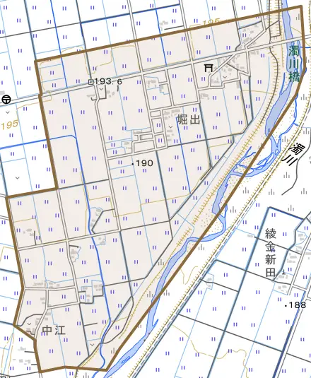 字川原田とその周辺の地図。町の範囲を重ねている