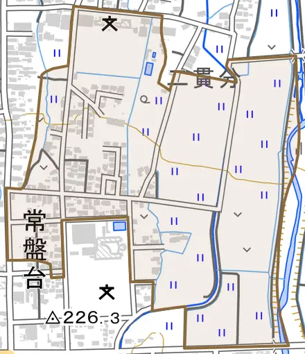 字常盤町とその周辺の地図。町の範囲を重ねている