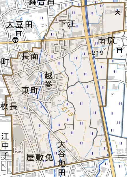 字柳清水とその周辺の地図。町の範囲を重ねている