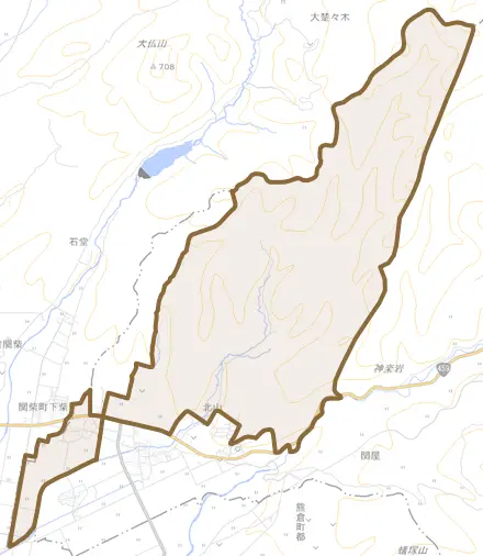 大字下吉とその周辺の地図。町の範囲を重ねている