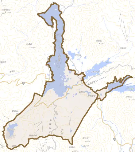 大字檜原とその周辺の地図。町の範囲を重ねている