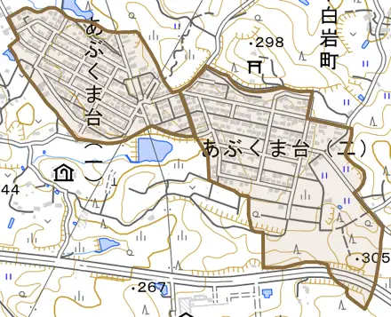 あぶくま台とその周辺の地図。町の範囲を重ねている