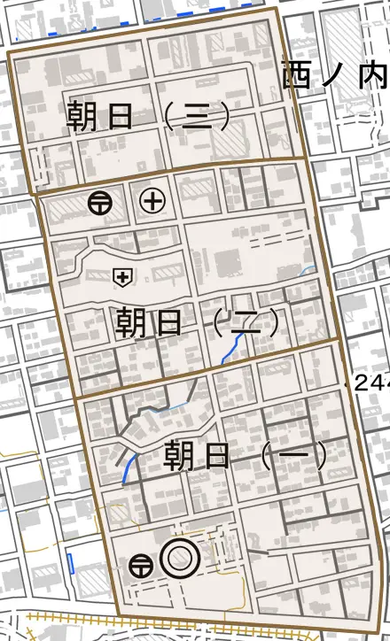 朝日とその周辺の地図。町の範囲を重ねている