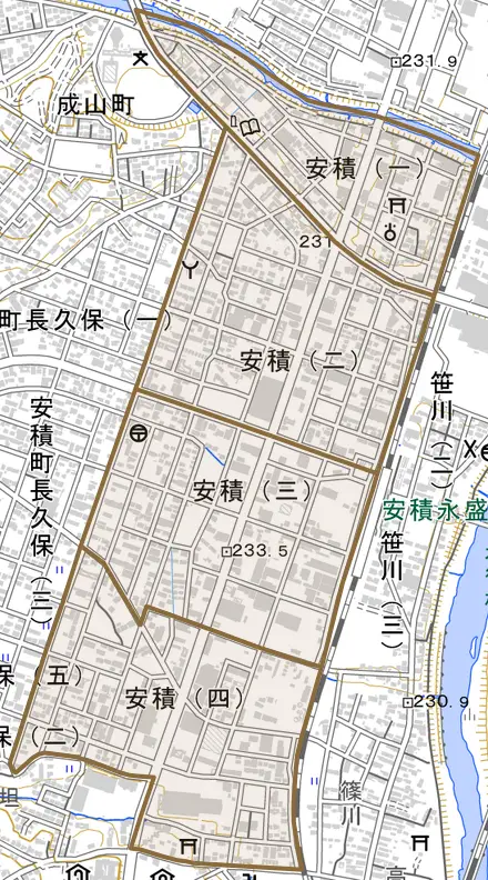 安積とその周辺の地図。町の範囲を重ねている