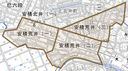 安積荒井とその周辺の地図。町の範囲を重ねている