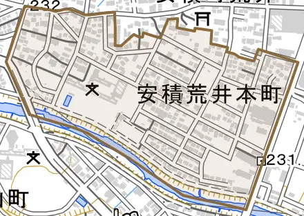 安積荒井本町とその周辺の地図。町の範囲を重ねている