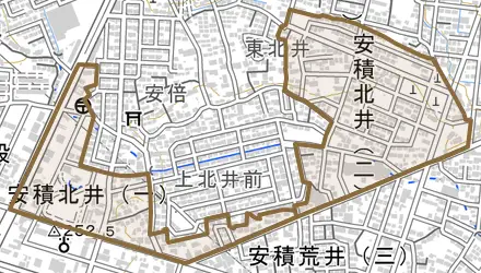 安積北井とその周辺の地図。町の範囲を重ねている