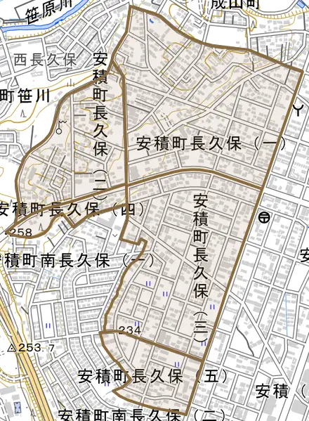 安積町長久保とその周辺の地図。町の範囲を重ねている