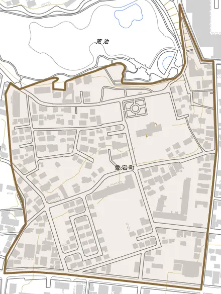 愛宕町とその周辺の地図。町の範囲を重ねている