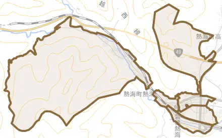熱海町熱海とその周辺の地図。町の範囲を重ねている