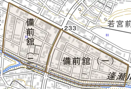 備前舘とその周辺の地図。町の範囲を重ねている