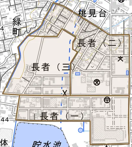 長者とその周辺の地図。町の範囲を重ねている