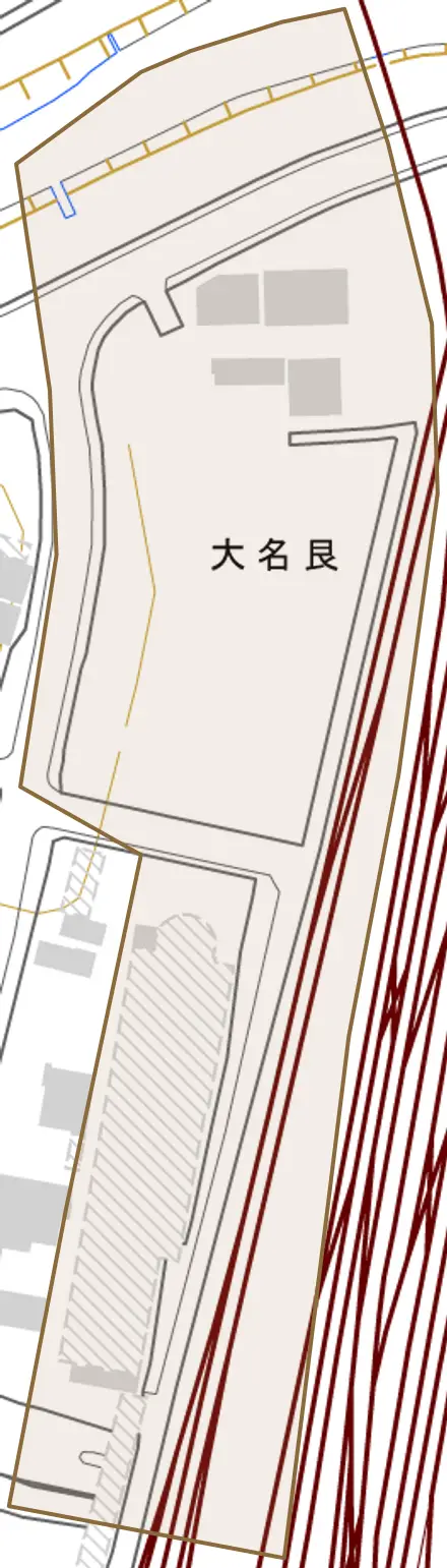 大名艮とその周辺の地図。町の範囲を重ねている