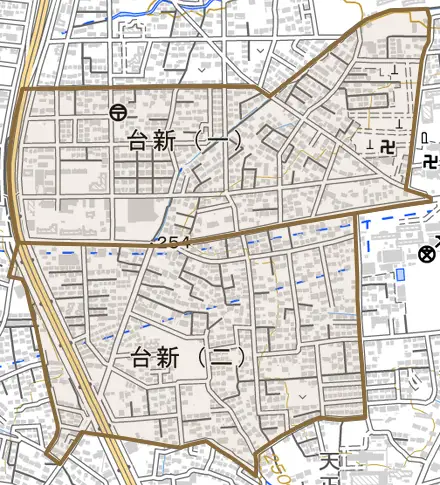 台新とその周辺の地図。町の範囲を重ねている