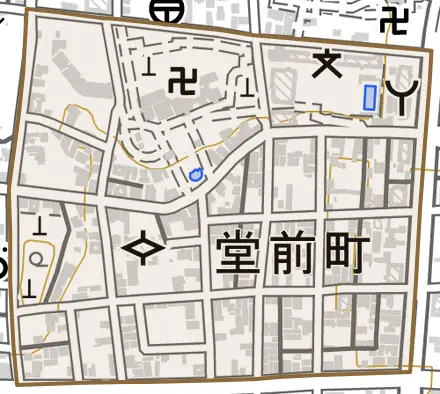 堂前町とその周辺の地図。町の範囲を重ねている