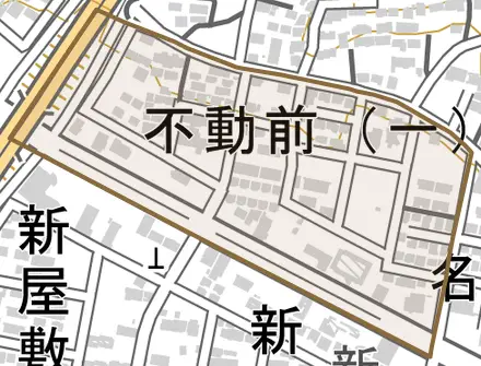 不動前とその周辺の地図。町の範囲を重ねている