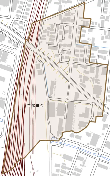 深田台とその周辺の地図。町の範囲を重ねている