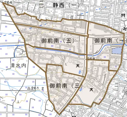 御前南とその周辺の地図。町の範囲を重ねている