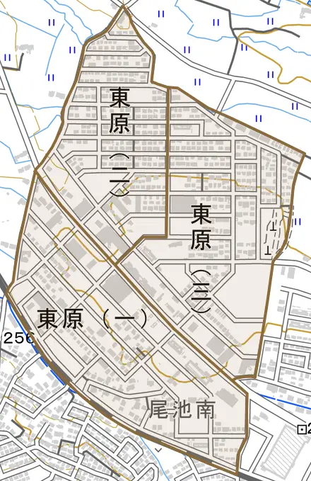 東原とその周辺の地図。町の範囲を重ねている