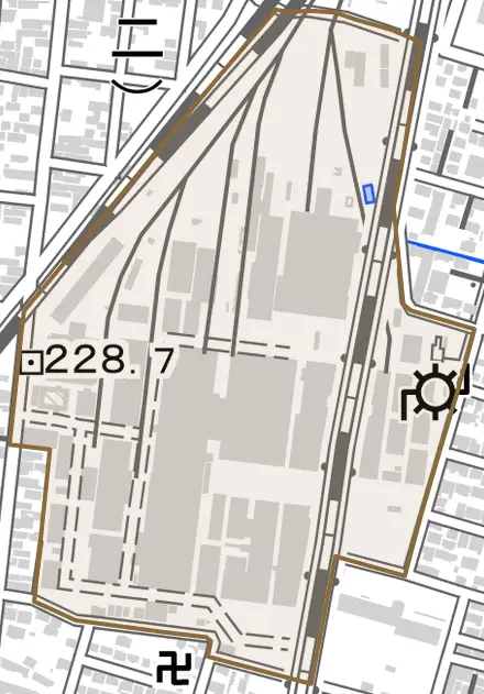 菱田町とその周辺の地図。町の範囲を重ねている