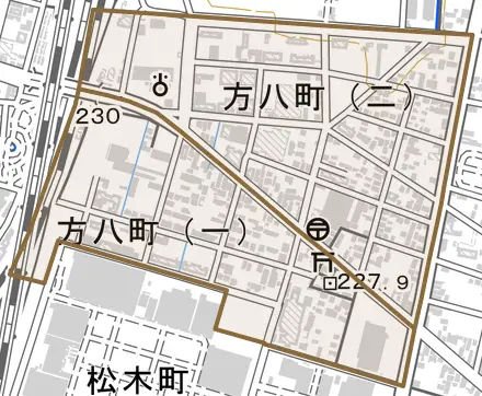方八町とその周辺の地図。町の範囲を重ねている