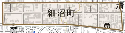 細沼町とその周辺の地図。町の範囲を重ねている
