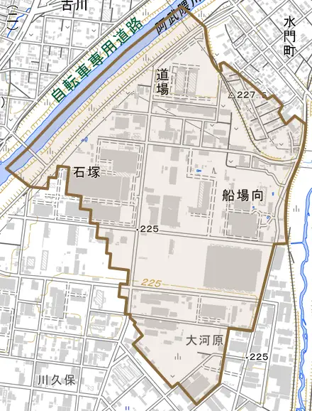 十貫河原とその周辺の地図。町の範囲を重ねている