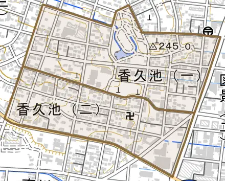 香久池とその周辺の地図。町の範囲を重ねている