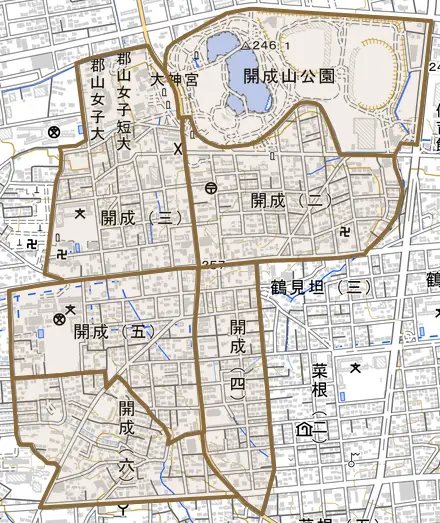 開成とその周辺の地図。町の範囲を重ねている