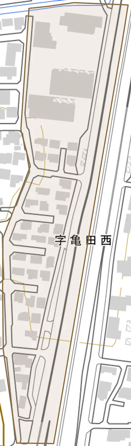 亀田西とその周辺の地図。町の範囲を重ねている