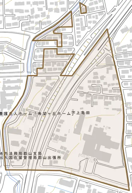 上亀田とその周辺の地図。町の範囲を重ねている